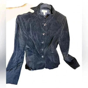 Charter Club size 6 fitted black velveteen button down jacket baroque stitching.